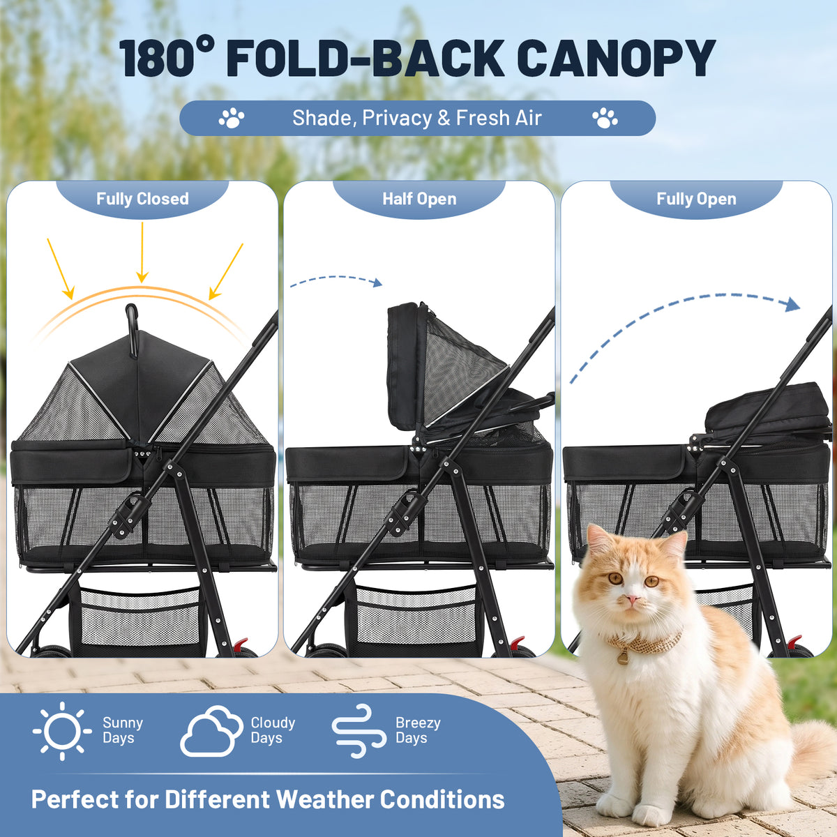 Ferhtm Dog Stroller for Small to Medium Dogs, Foldable Panoramic Mesh Pet Stroller with Detachable Carrier & Safety Tether, Puppy & Cat Stroller up to 35 lbs, Black