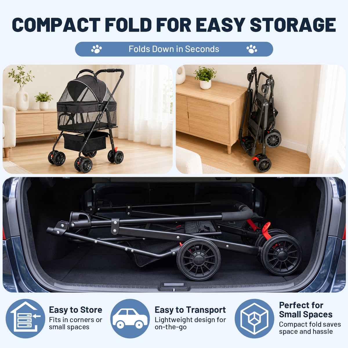 Ferhtm Dog Stroller for Small to Medium Dogs, Foldable Panoramic Mesh Pet Stroller with Detachable Carrier & Safety Tether, Puppy & Cat Stroller up to 35 lbs, Black