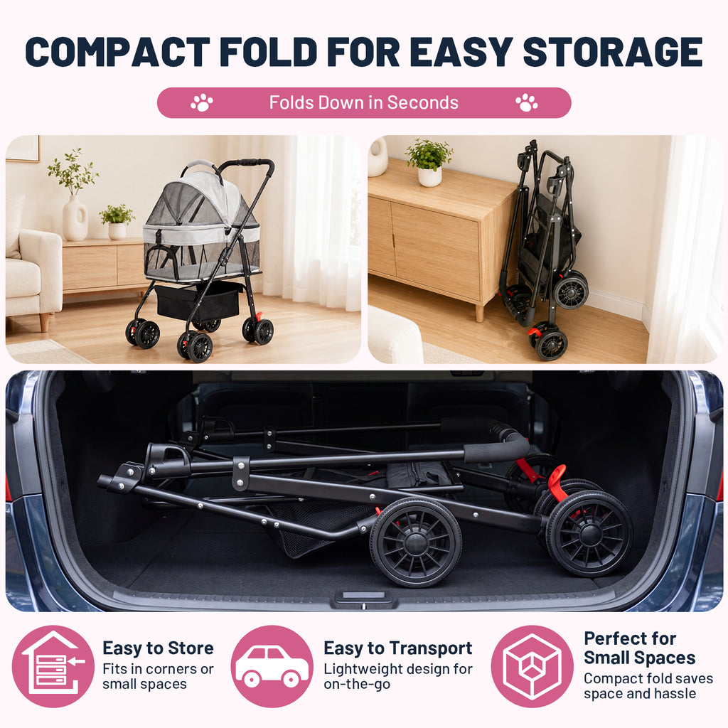 Ferhtm Dog Stroller for Small to Medium Dogs, Foldable Panoramic Mesh Pet Stroller with Detachable Carrier & Safety Tether, Puppy & Cat Stroller up to 35 lbs