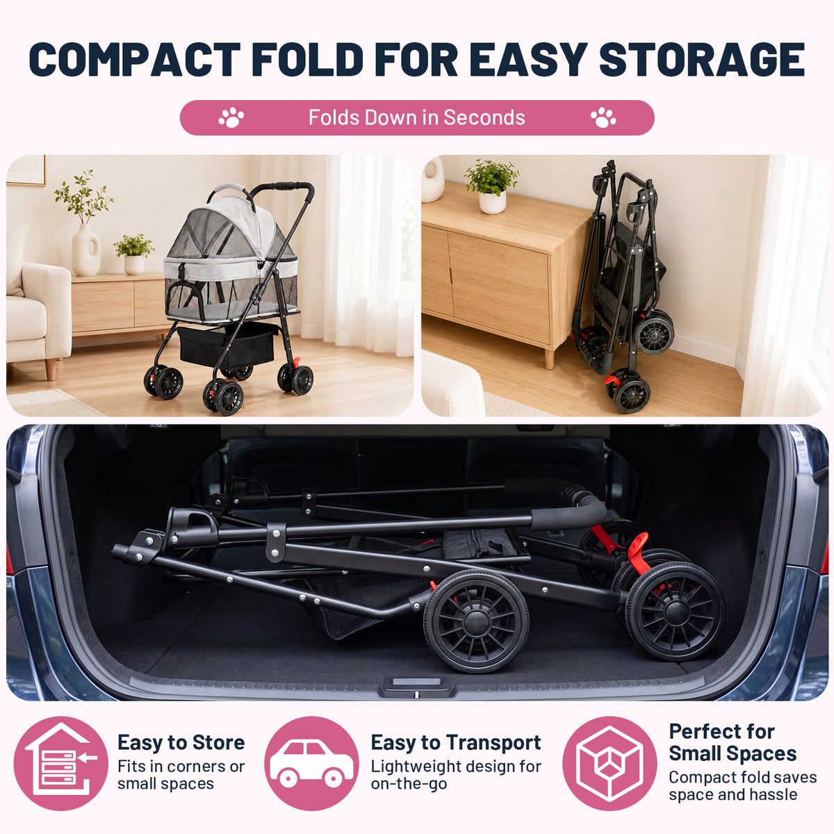 Ferhtm Dog Stroller for Small to Medium Dogs, Foldable Panoramic Mesh Pet Stroller with Detachable Carrier & Safety Tether, Puppy & Cat Stroller up to 35 lbs