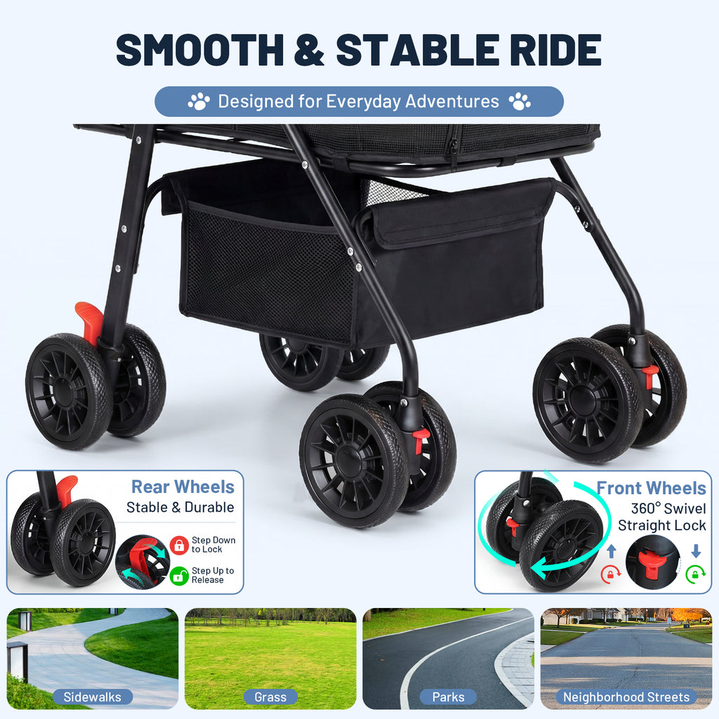 Ferhtm Dog Stroller for Small to Medium Dogs, Foldable Panoramic Mesh Pet Stroller with Detachable Carrier & Safety Tether, Puppy & Cat Stroller up to 35 lbs, Black