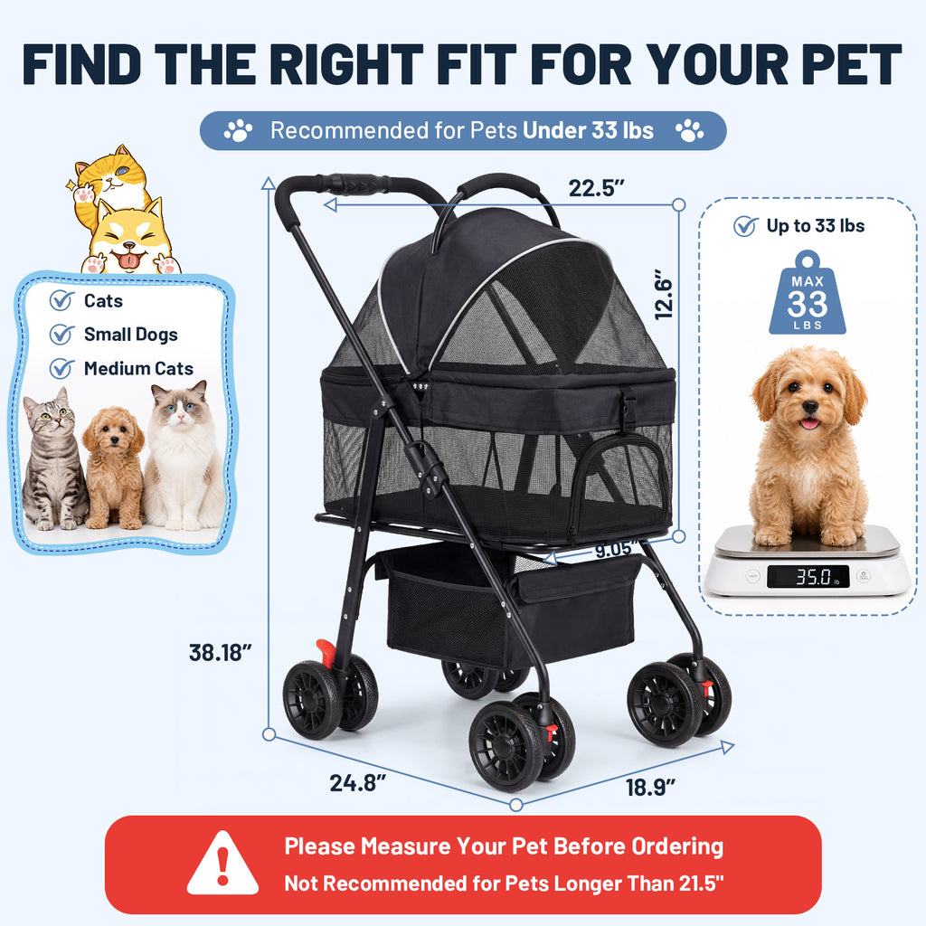 Ferhtm Dog Stroller for Small to Medium Dogs, Foldable Panoramic Mesh Pet Stroller with Detachable Carrier & Safety Tether, Puppy & Cat Stroller up to 35 lbs, Black