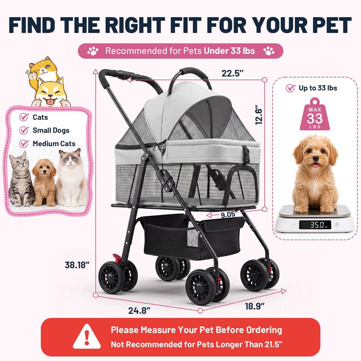 Ferhtm Dog Stroller for Small to Medium Dogs, Foldable Panoramic Mesh Pet Stroller with Detachable Carrier & Safety Tether, Puppy & Cat Stroller up to 35 lbs