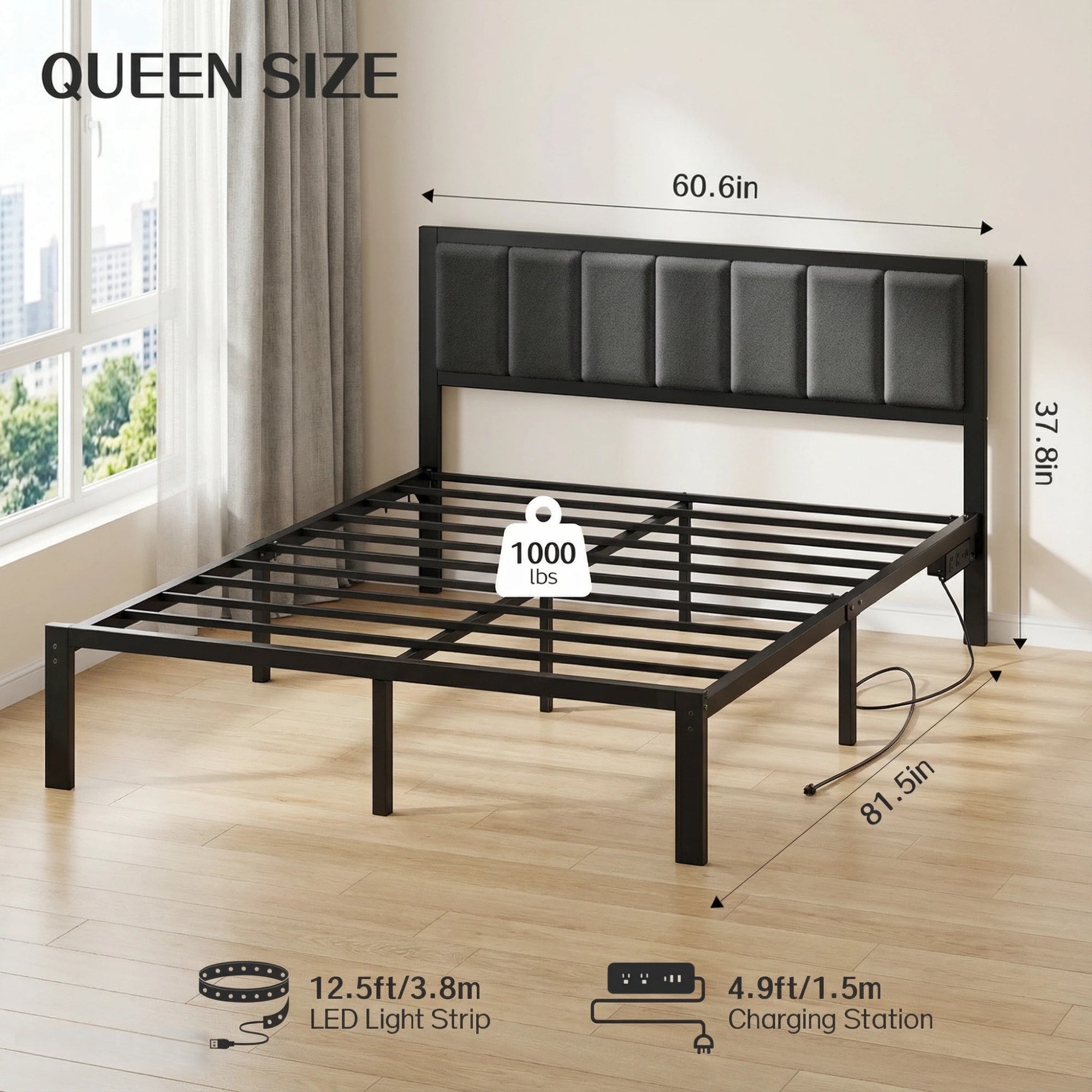 Dayago Queen Size Bed Frame with Upholstered Headboard, LED Light and USB Socket, No Box Spring Required