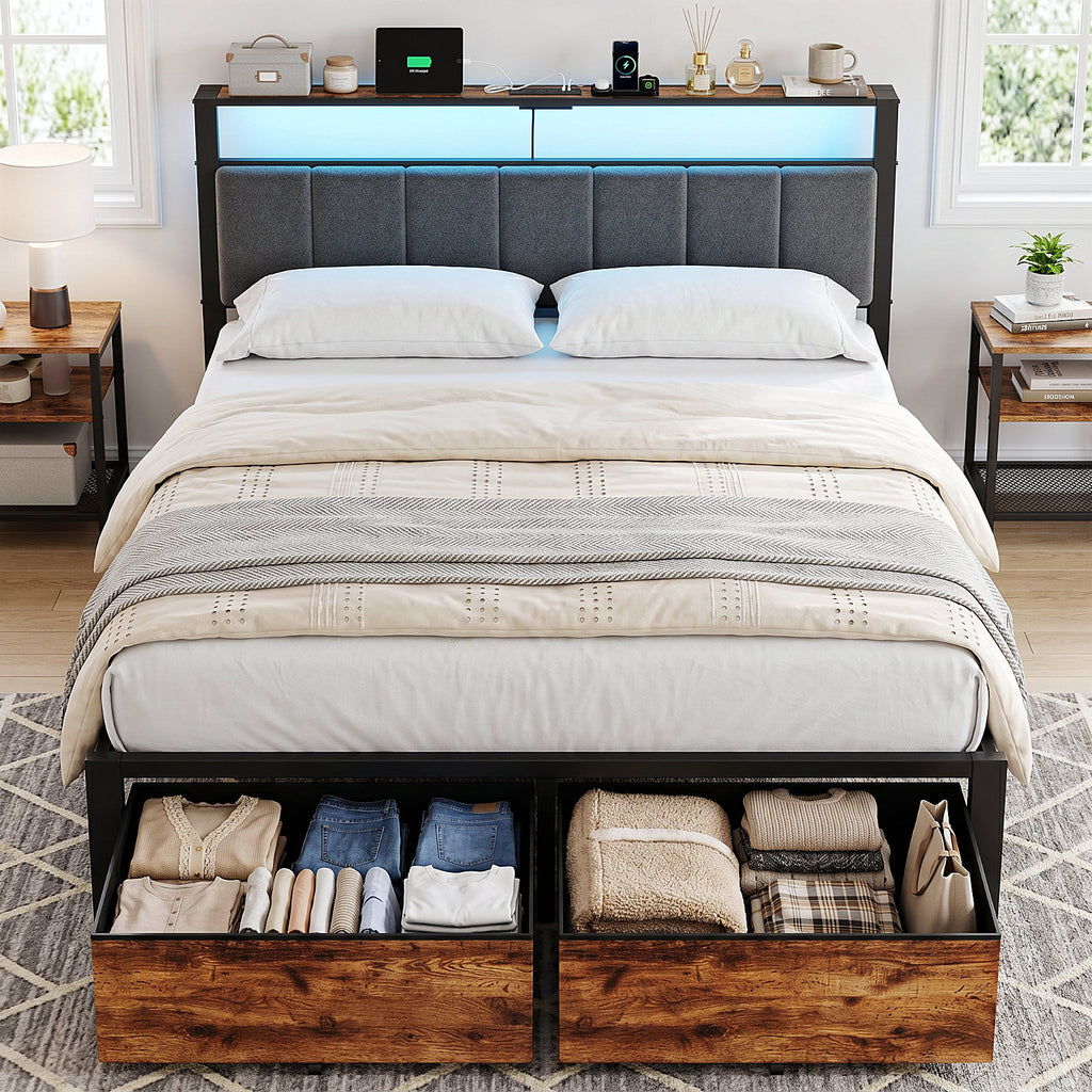 Bexfil Queen Bed Frame with 2 Storage Drawers, Metal Platform Bed Frames with Built in Charging Station & LED, Noise-Free, Metal Support, No Box Spring Needed, Classic Brown