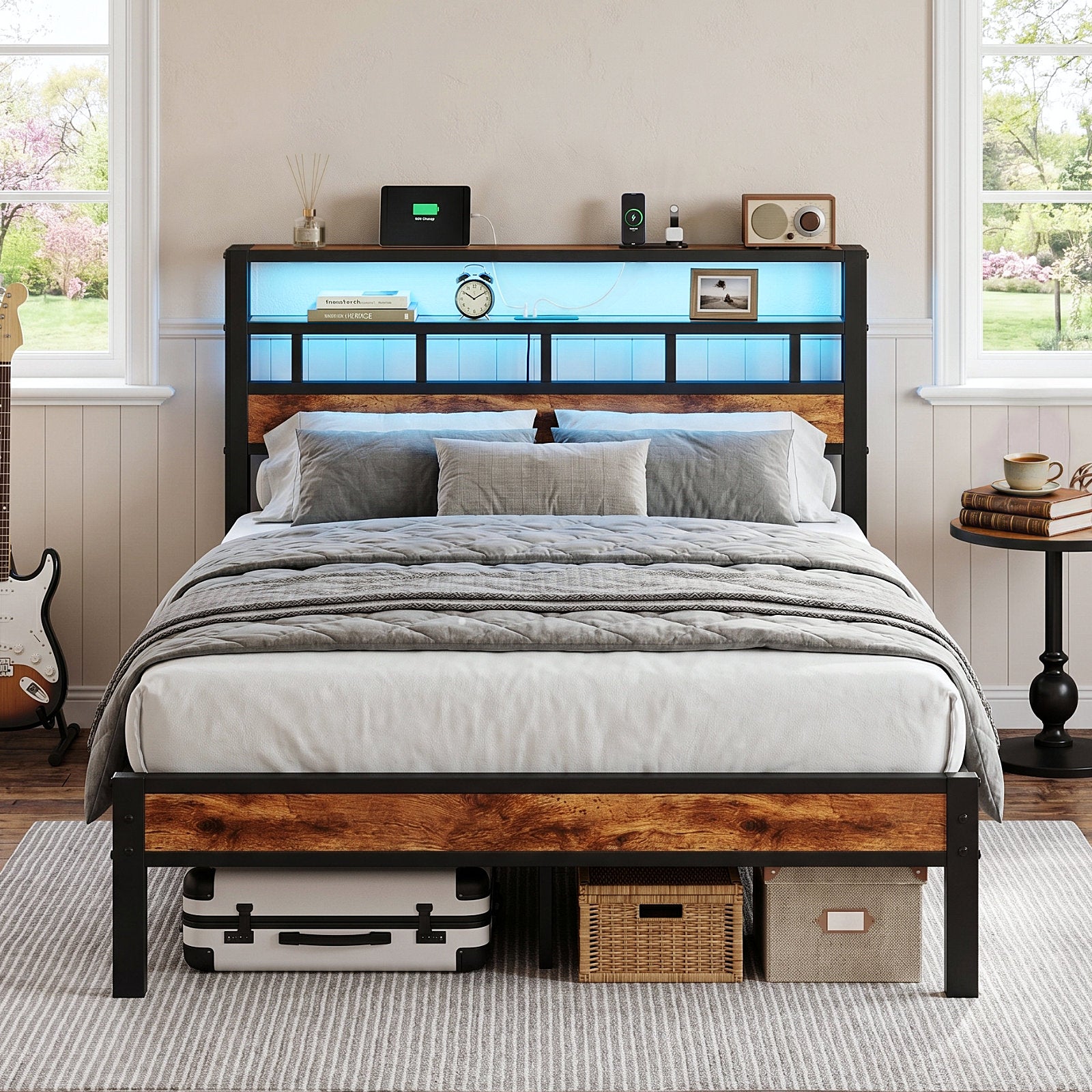 Bexfil Queen Bed Frame with Storage Headboard and LED Light, Metal Platform Bed Station with Charging Station & LED, Noise-Free, No Box Spring Needed