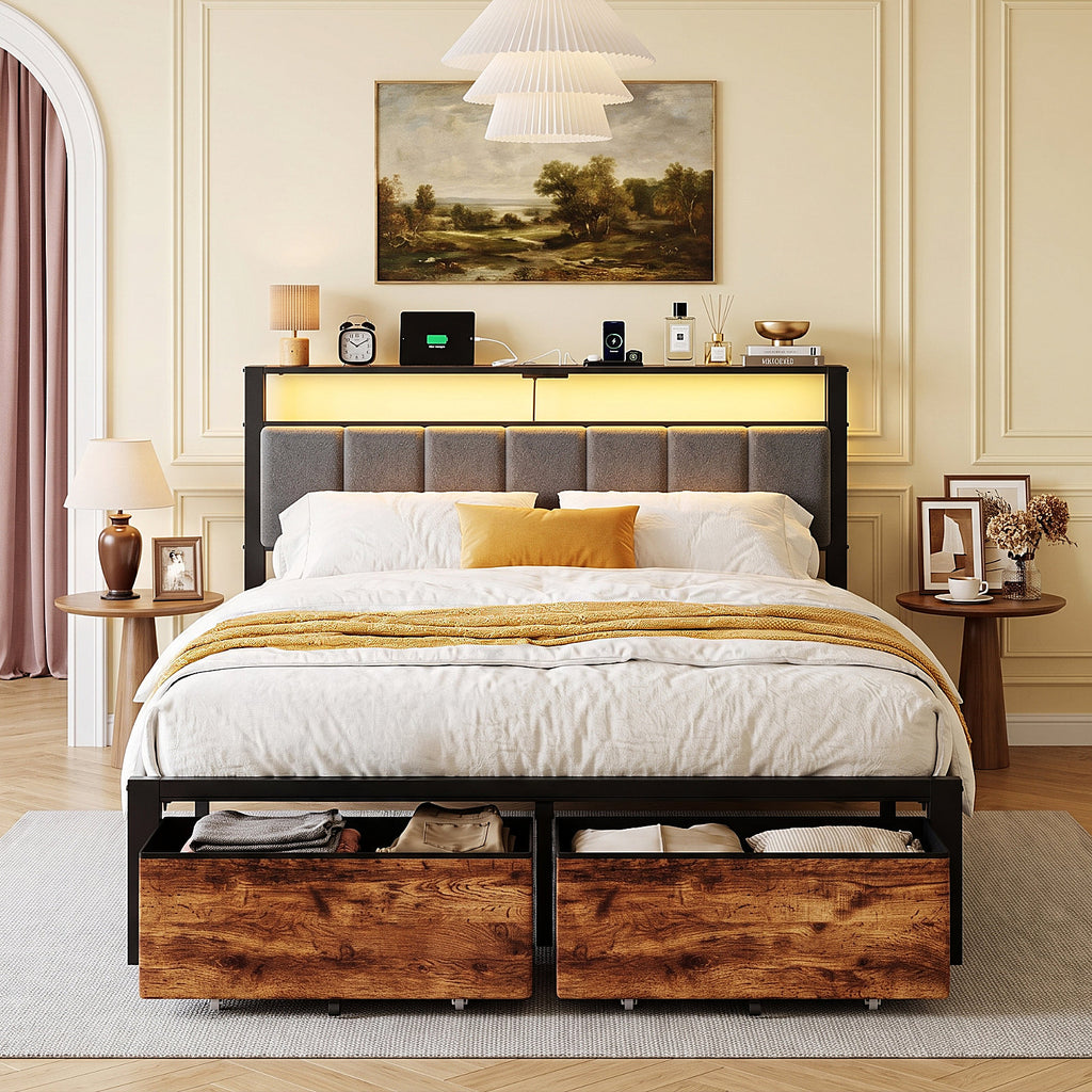 Kbun Queen Size Bed Frame with Charging Station, LED Lights, Metal Platform Bed Frames Upholstered with 2 Large Storage Drawers,No Box Spring Needed
