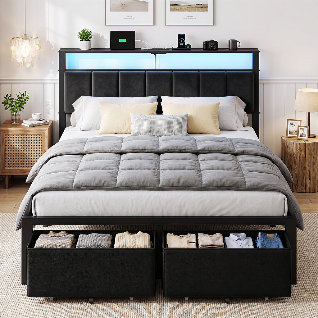 Bexfil Queen Size Bed Frame with Built in Charging Station and LED Light, Metal Platform Bed Frames with 2 Storage Drawers, Noise-Free,Metal Support, No Box Spring Needed, Black