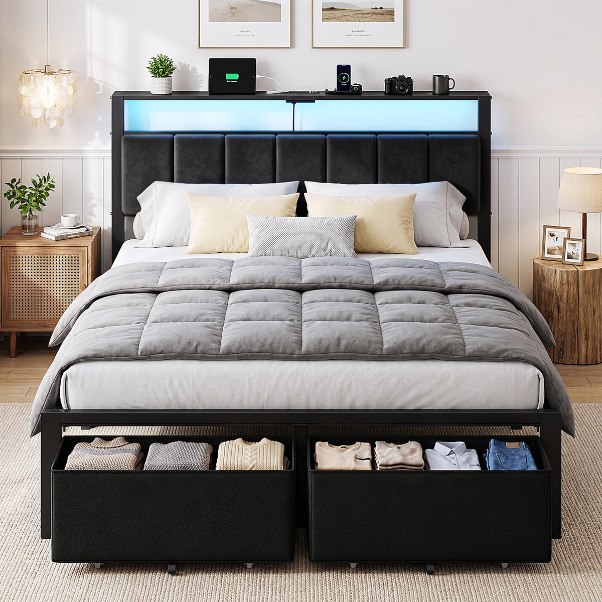 Bexfil Queen Size Bed Frame with Built in Charging Station and LED Light, Metal Platform Bed Frames with 2 Storage Drawers, Noise-Free,Metal Support, No Box Spring Needed, Black