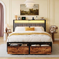 Dayago Queen Bed Frame with 2 Storage Drawers, Metal Platform Bed Frame Queen Size Upholstered Headboard with Storage, Fast Charging Station and LED Lights, No Box Spring Needed, Easy Assembly, Brown
