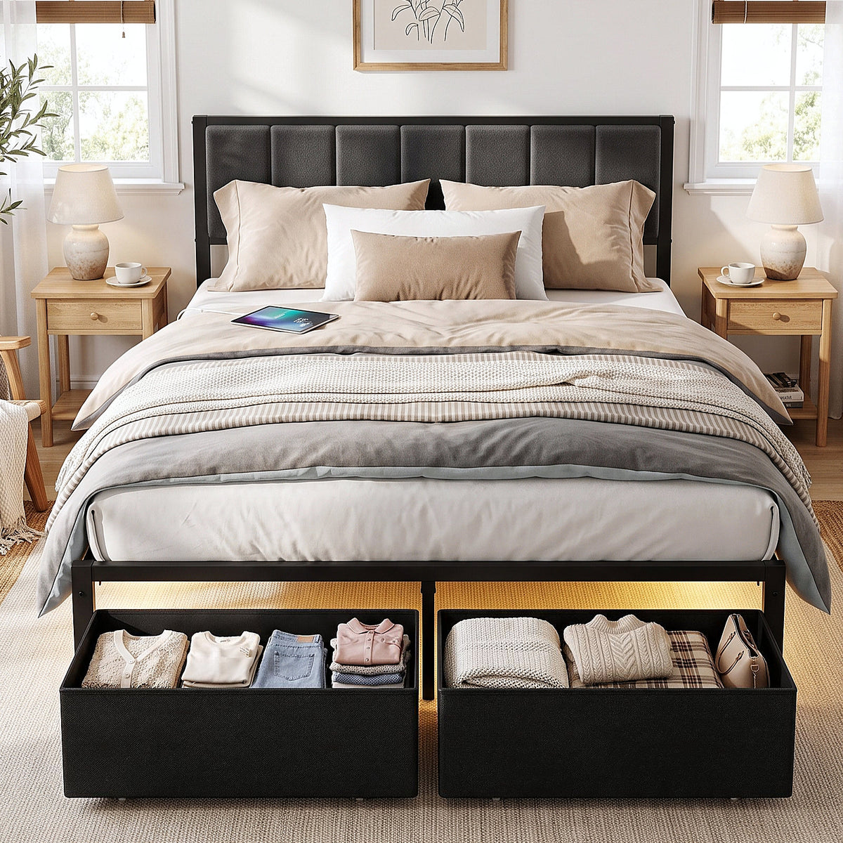 Bexfil Queen Bed Frame with 2 Storage Drawers, Grey Upholstered | Headboard with Charging Station and LED Lights, Metal Platform Bed with Storage Shelf, Noise Free, No Box Spring Needed