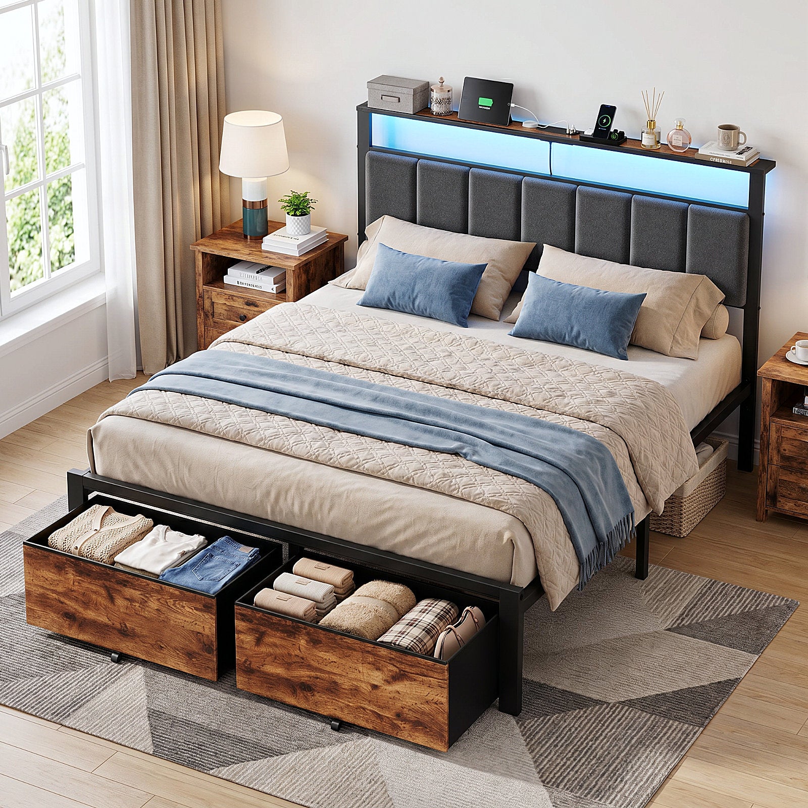 Bexfil Queen Bed Frame with 2 Storage Drawers, Metal Platform Bed Frames with Built in Charging Station & LED, Noise-Free, Metal Support, No Box Spring Needed, Classic Brown