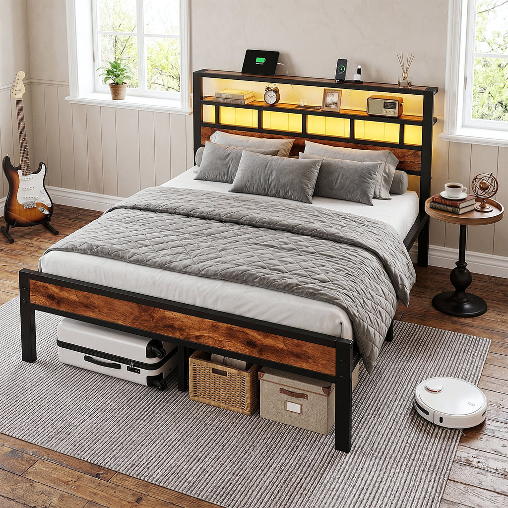 Bexfil Queen Bed Frame with Storage Headboard and LED Light, Metal Platform Bed Station with Charging Station & LED, Noise-Free, No Box Spring Needed