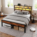 Bexfil Queen Bed Frame with Storage Headboard and LED Light, Metal Platform Bed Station with Charging Station & LED, Noise-Free, No Box Spring Needed