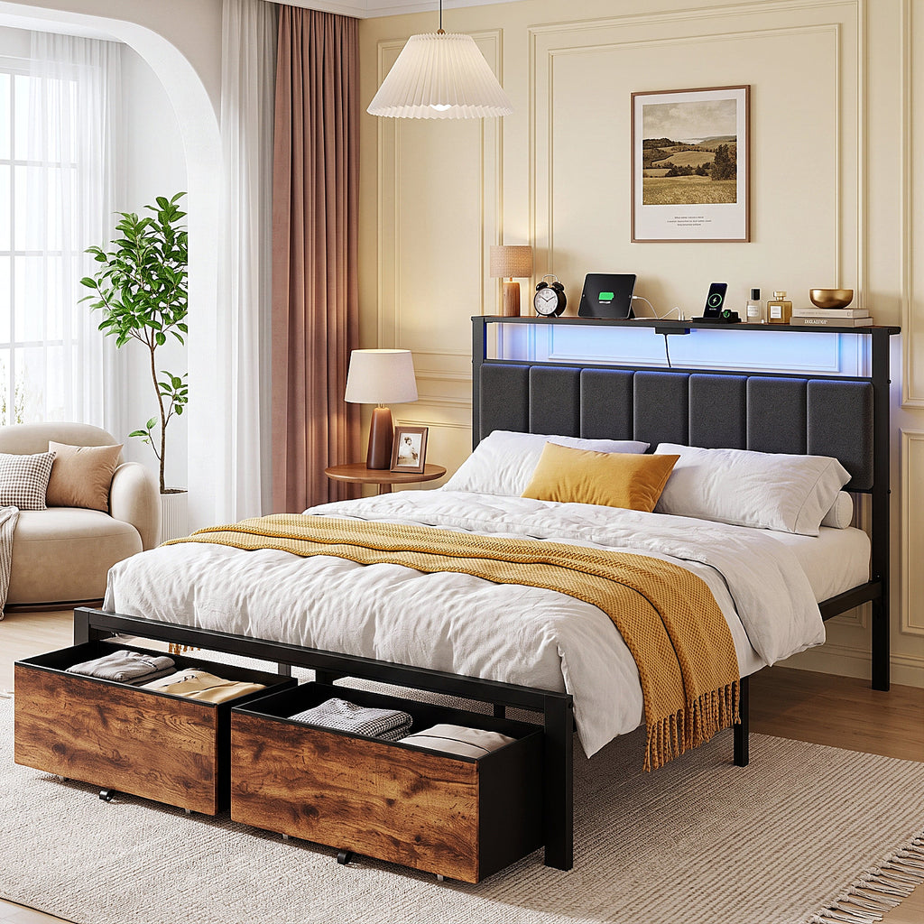 Dayago Queen Bed Frame with 2 Storage Drawers, Metal Platform Bed Frame Queen Size Upholstered Headboard with Storage, Fast Charging Station and LED Lights, No Box Spring Needed, Easy Assembly, Brown