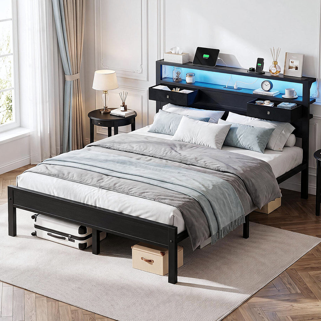 Kbun Queen Size Metal Platforrm Bed Frame with LED Lights Headboard, 2 Storage Drawers and Charging Station, No Box Spring Needed, Easy Assembly