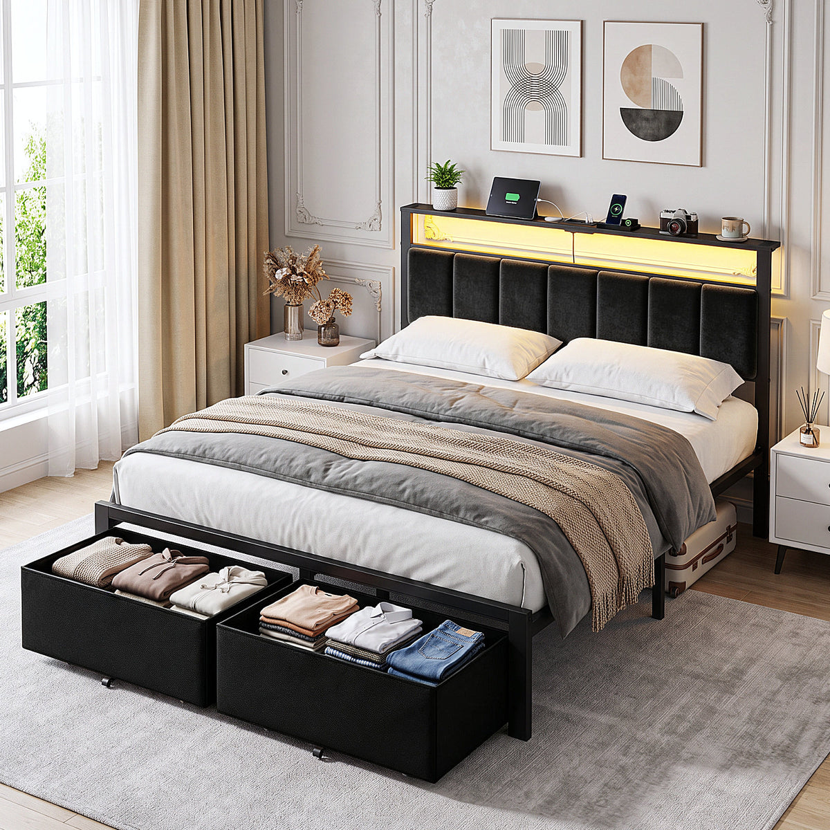 Bexfil Queen Size Bed Frame with Built in Charging Station and LED Light, Metal Platform Bed Frames with 2 Storage Drawers, Noise-Free,Metal Support, No Box Spring Needed, Black