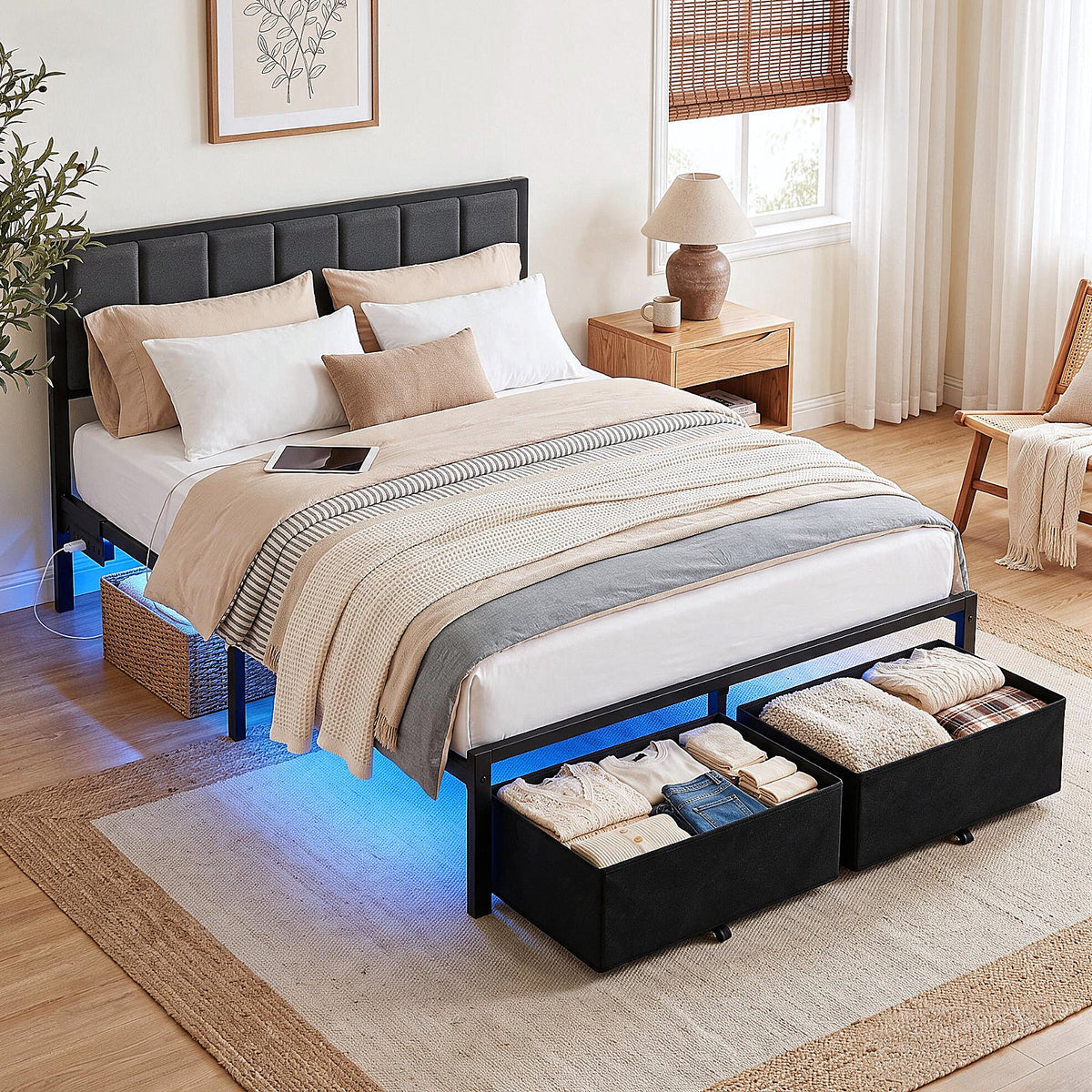 Bexfil Queen Bed Frame with 2 Storage Drawers, Grey Upholstered | Headboard with Charging Station and LED Lights, Metal Platform Bed with Storage Shelf, Noise Free, No Box Spring Needed