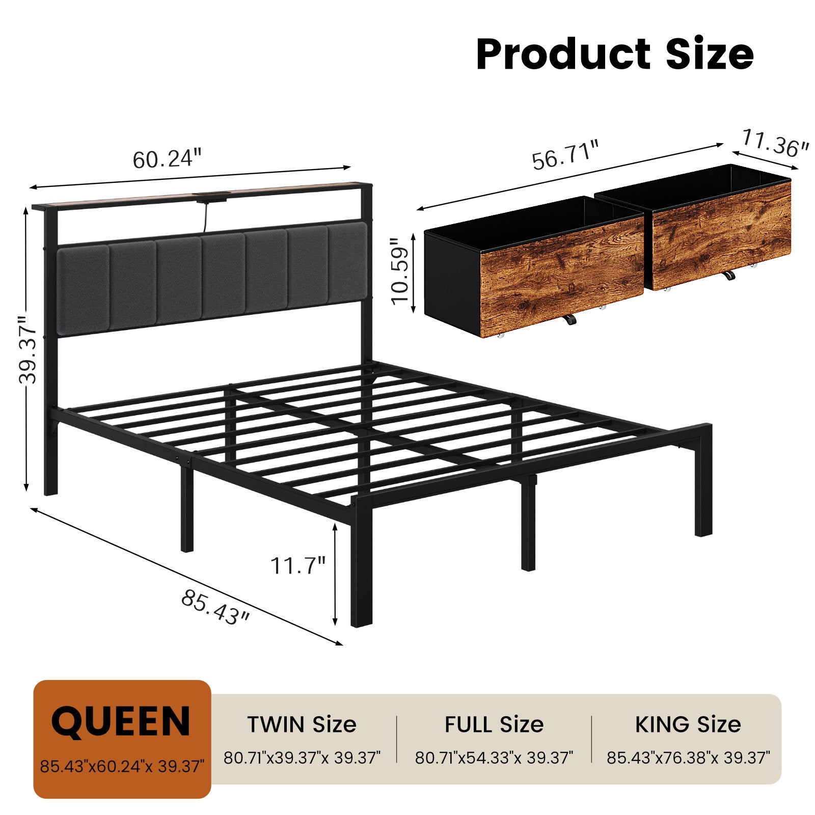 Bexfil Queen Bed Frame with 2 Storage Drawers, Metal Platform Bed Frames with Built in Charging Station & LED, Noise-Free, Metal Support, No Box Spring Needed, Classic Brown