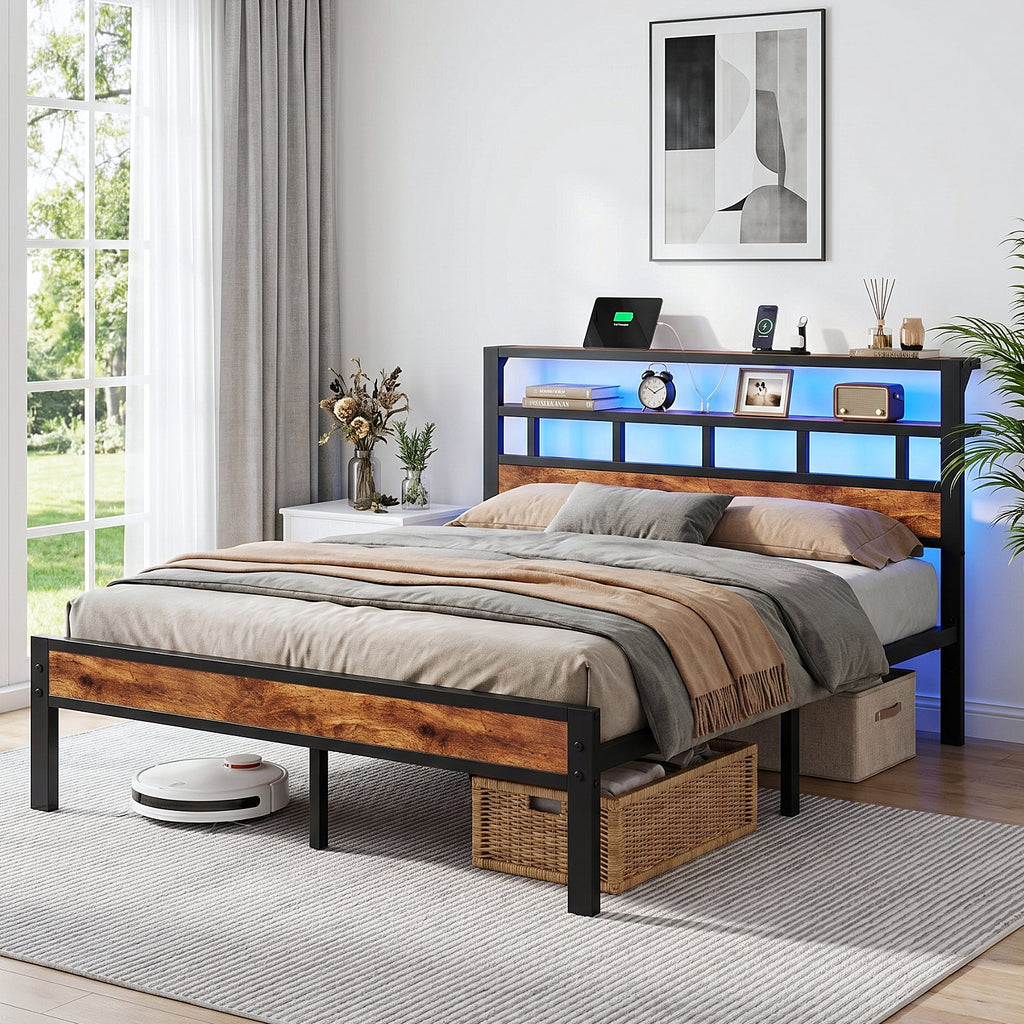 Bexfil Queen Bed Frame with Storage Headboard and LED Light, Metal Platform Bed Station with Charging Station & LED, Noise-Free, No Box Spring Needed