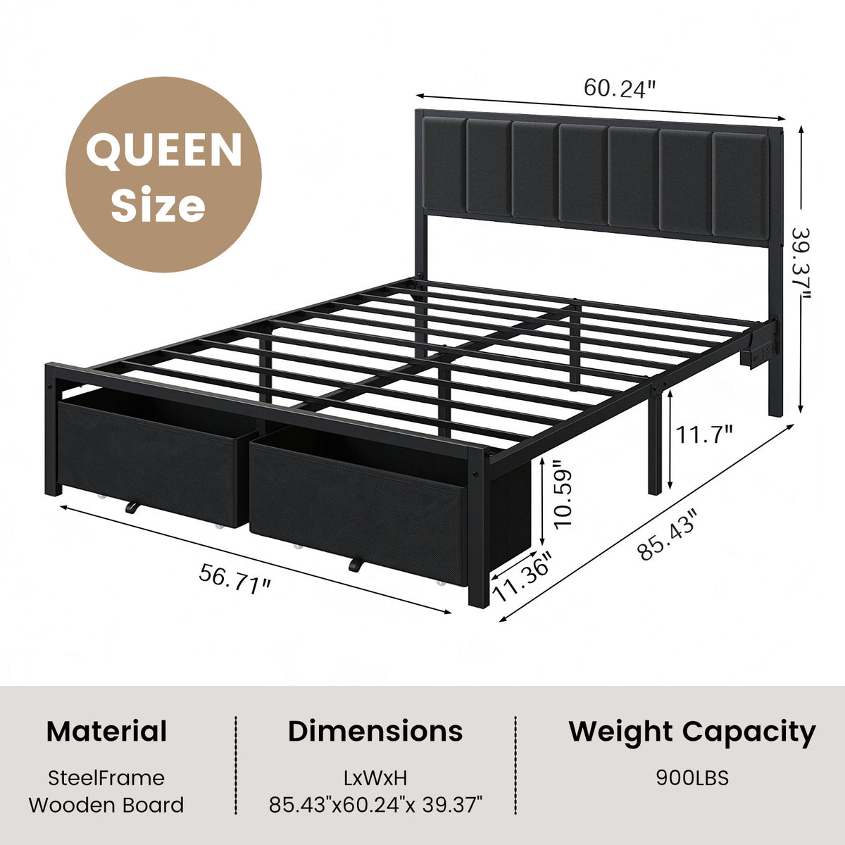 Bexfil Queen Bed Frame with 2 Storage Drawers, Grey Upholstered | Headboard with Charging Station and LED Lights, Metal Platform Bed with Storage Shelf, Noise Free, No Box Spring Needed