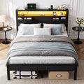 Kbun Queen Size Metal Platforrm Bed Frame with LED Lights Headboard, 2 Storage Drawers and Charging Station, No Box Spring Needed, Easy Assembly