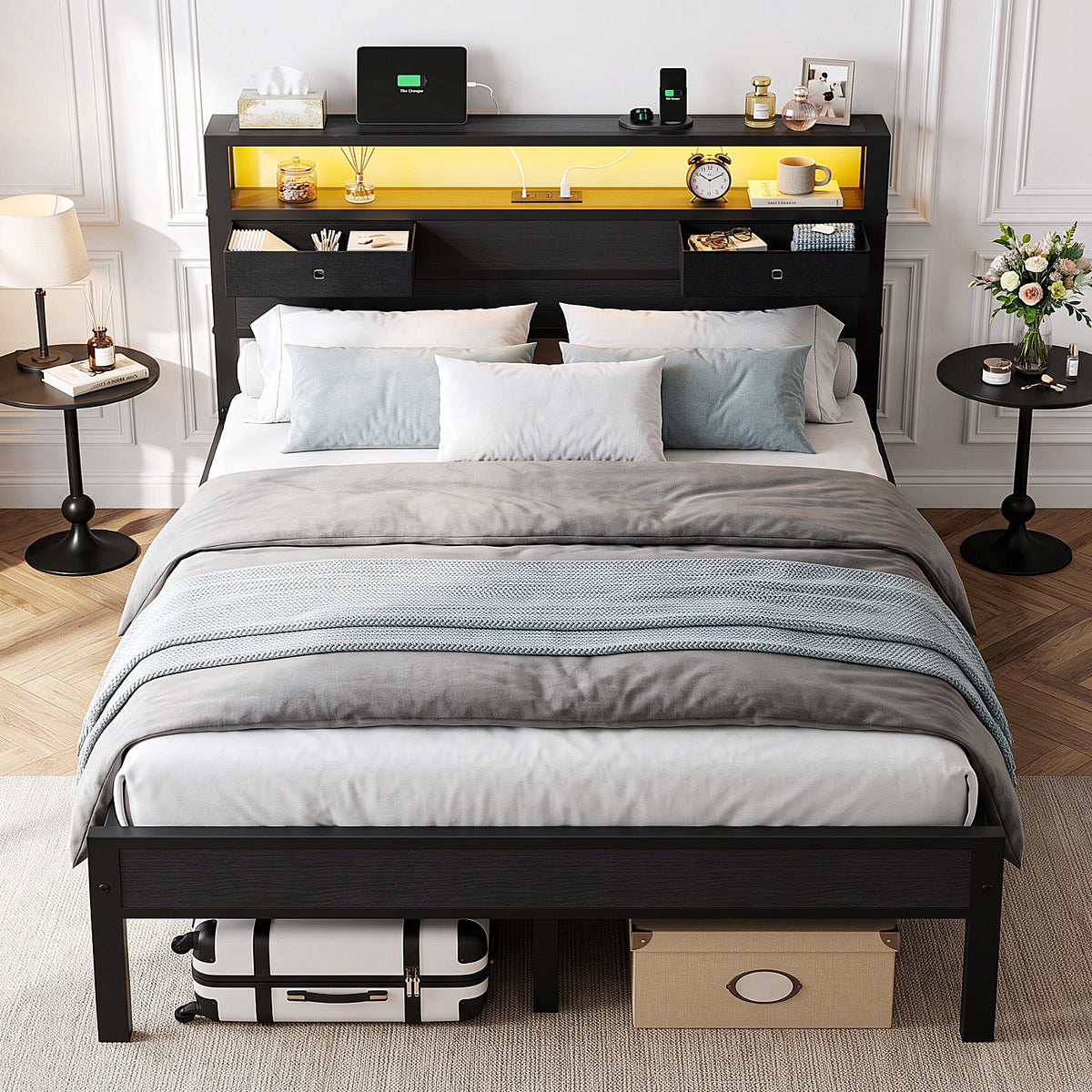 Kbun Queen Size Metal Platforrm Bed Frame with LED Lights Headboard, 2 Storage Drawers and Charging Station, No Box Spring Needed, Easy Assembly