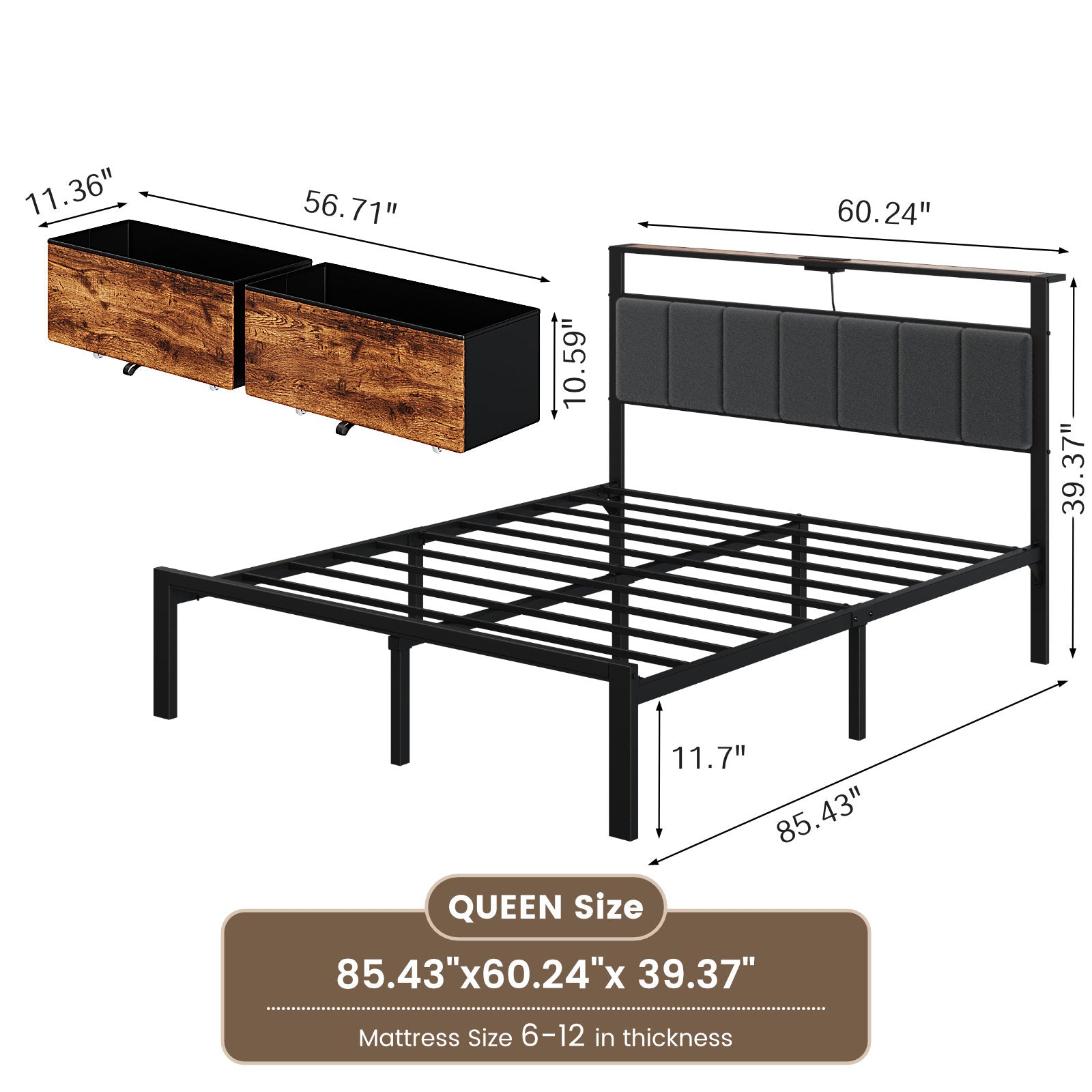 Dayago Queen Bed Frame with 2 Storage Drawers, Metal Platform Bed Frame Queen Size Upholstered Headboard with Storage, Fast Charging Station and LED Lights, No Box Spring Needed, Easy Assembly, Brown
