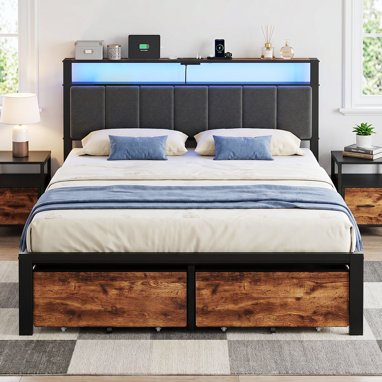 Bexfil Queen Bed Frame with 2 Storage Drawers, Metal Platform Bed Frames with Built in Charging Station & LED, Noise-Free, Metal Support, No Box Spring Needed, Classic Brown