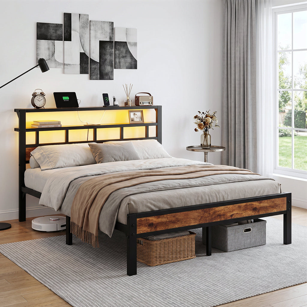 Bexfil Queen Bed Frame with Storage Headboard and LED Light, Metal Platform Bed Station with Charging Station & LED, Noise-Free, No Box Spring Needed
