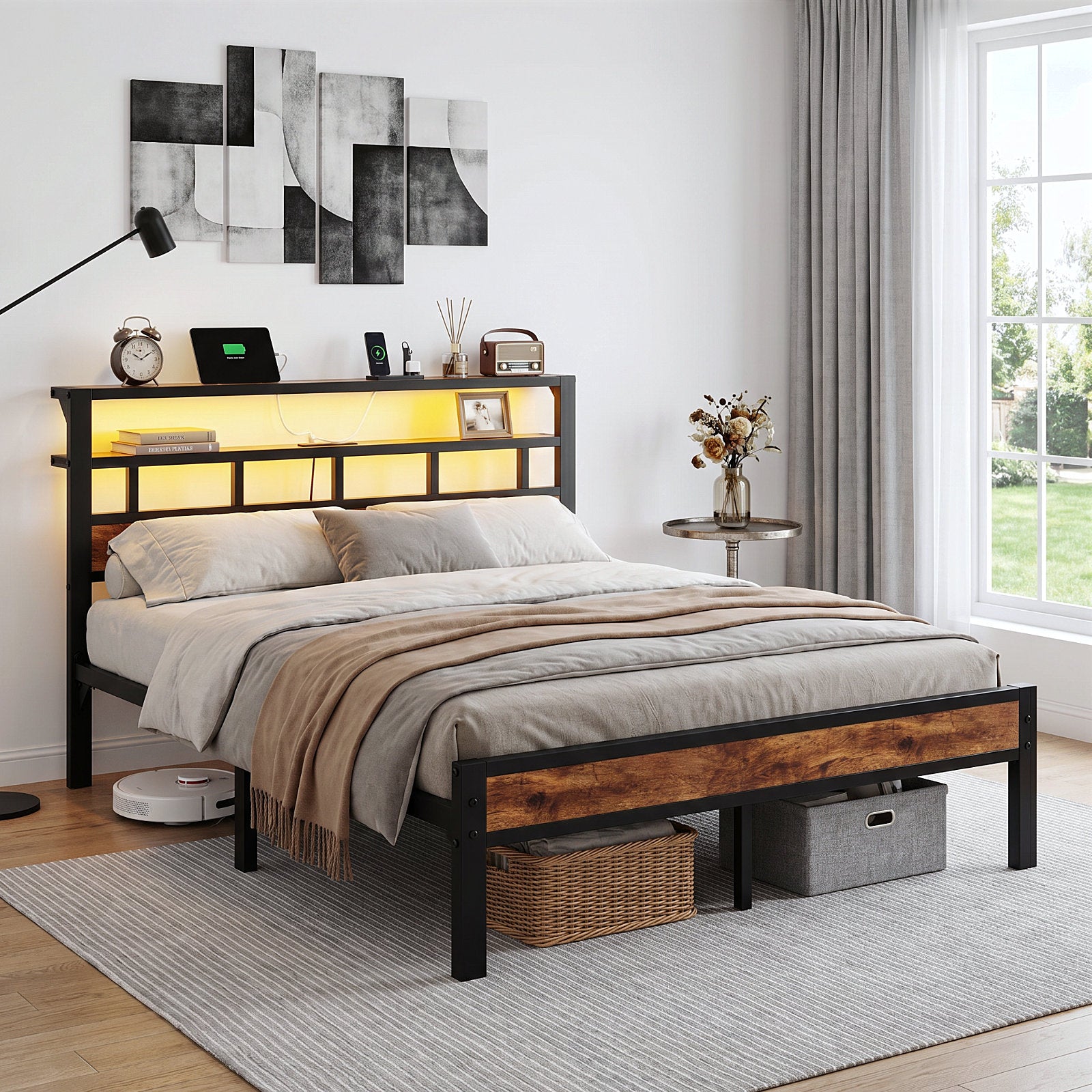 Bexfil Queen Bed Frame with Storage Headboard and LED Light, Metal Platform Bed Station with Charging Station & LED, Noise-Free, No Box Spring Needed