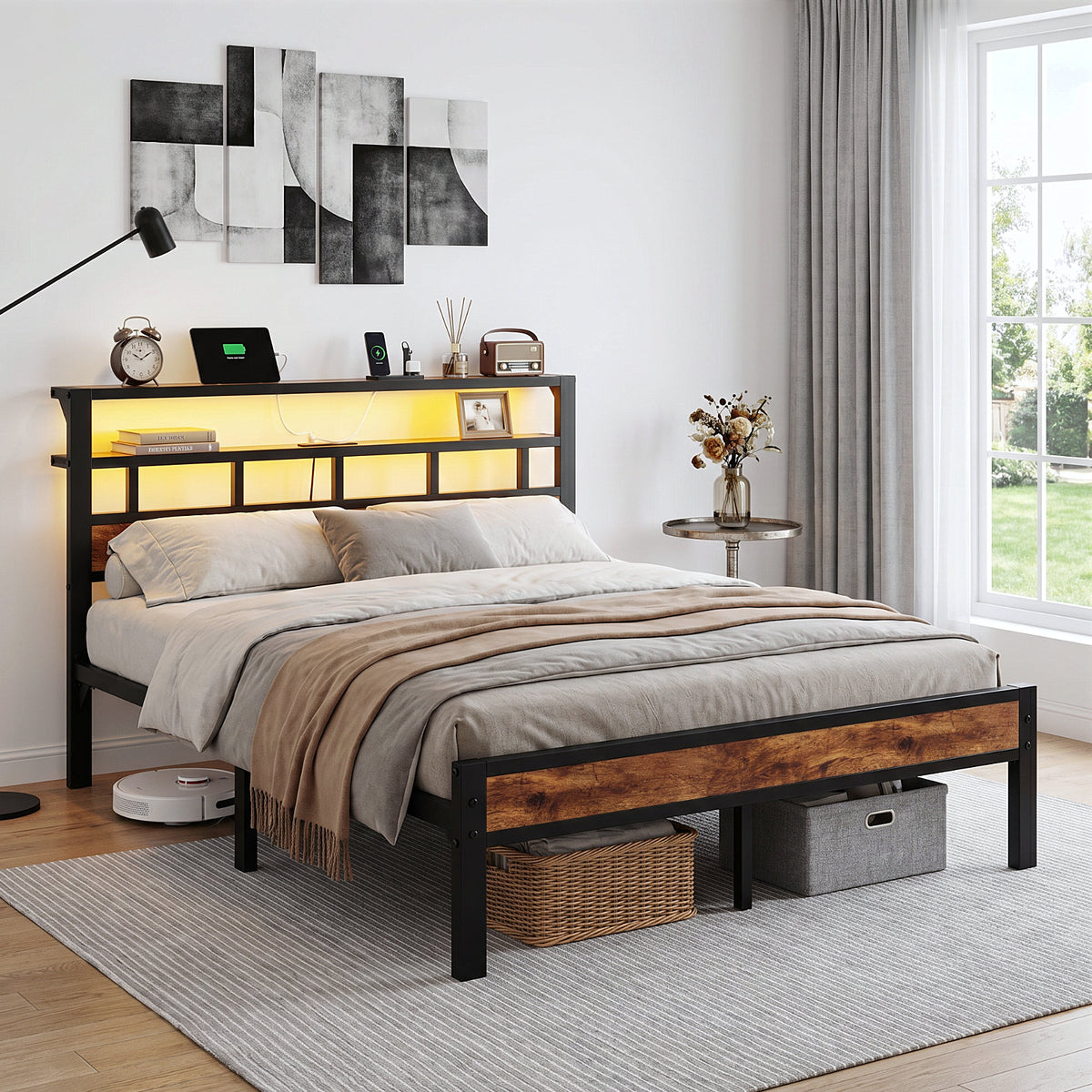 Bexfil Queen Bed Frame with Storage Headboard and LED Light, Metal Platform Bed Station with Charging Station & LED, Noise-Free, No Box Spring Needed