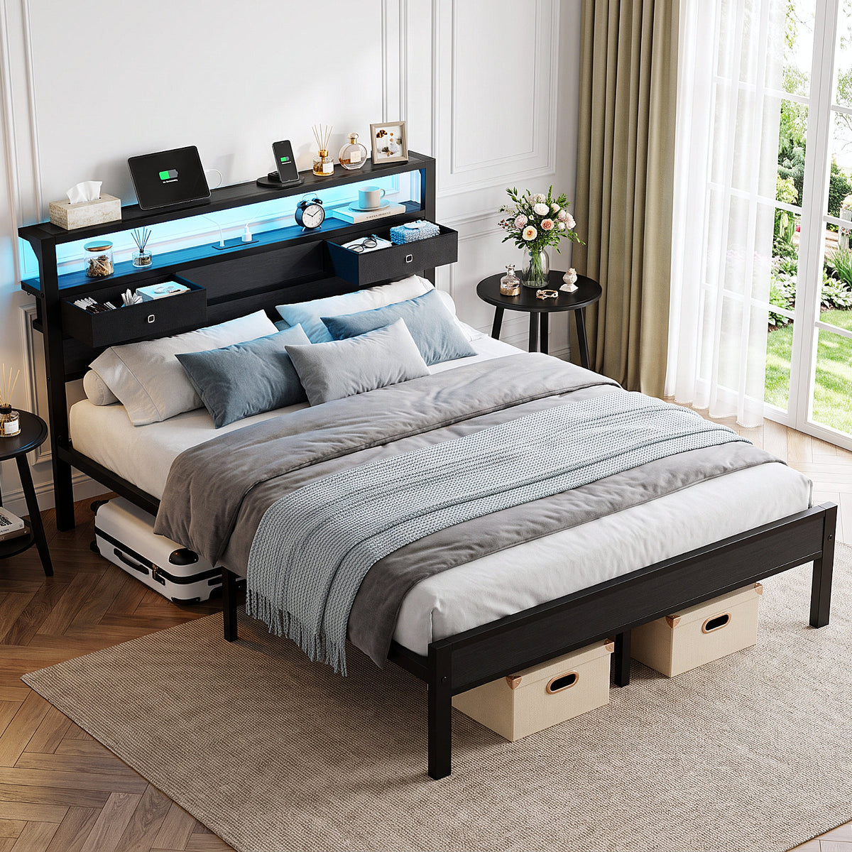 Kbun Queen Size Metal Platforrm Bed Frame with LED Lights Headboard, 2 Storage Drawers and Charging Station, No Box Spring Needed, Easy Assembly