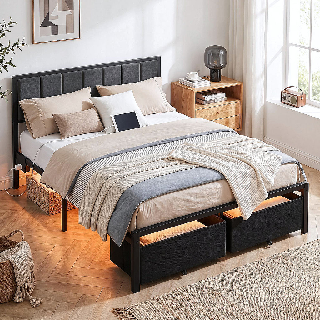 Bexfil Queen Bed Frame with 2 Storage Drawers, Grey Upholstered | Headboard with Charging Station and LED Lights, Metal Platform Bed with Storage Shelf, Noise Free, No Box Spring Needed