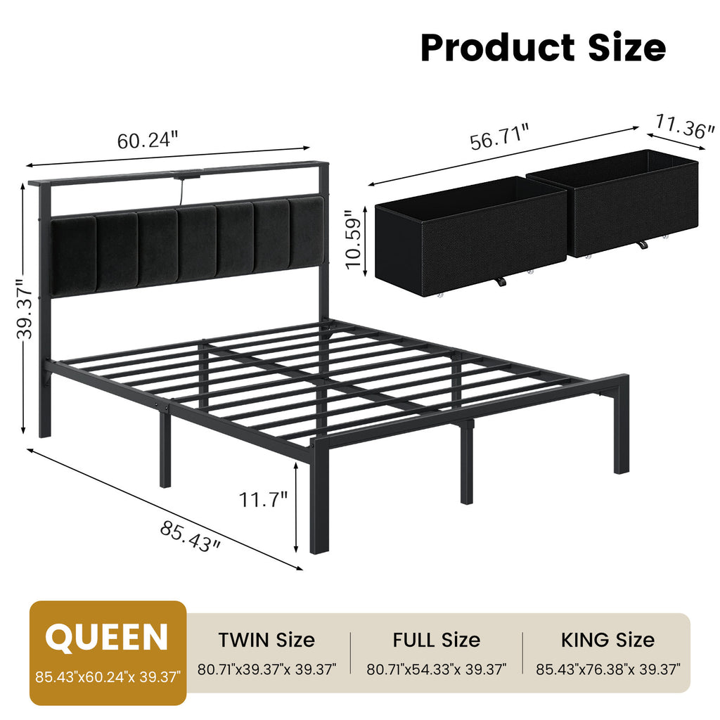 Bexfil Queen Size Bed Frame with Built in Charging Station and LED Light, Metal Platform Bed Frames with 2 Storage Drawers, Noise-Free,Metal Support, No Box Spring Needed, Black