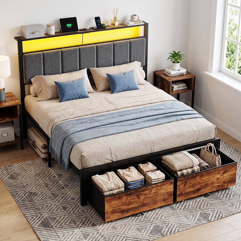 Bexfil Queen Bed Frame with 2 Storage Drawers, Metal Platform Bed Frames with Built in Charging Station & LED, Noise-Free, Metal Support, No Box Spring Needed, Classic Brown