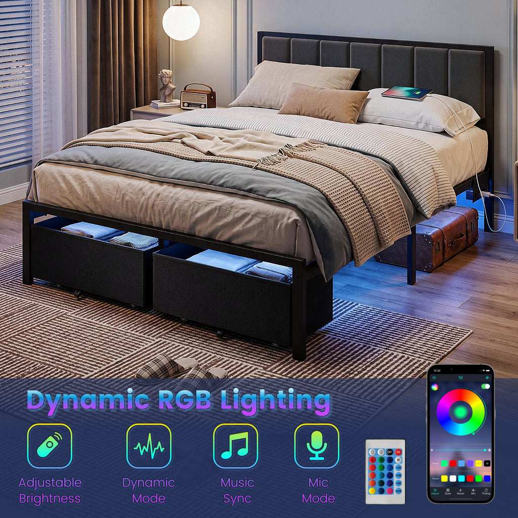 Bexfil Queen Bed Frame with 2 Storage Drawers, Grey Upholstered | Headboard with Charging Station and LED Lights, Metal Platform Bed with Storage Shelf, Noise Free, No Box Spring Needed
