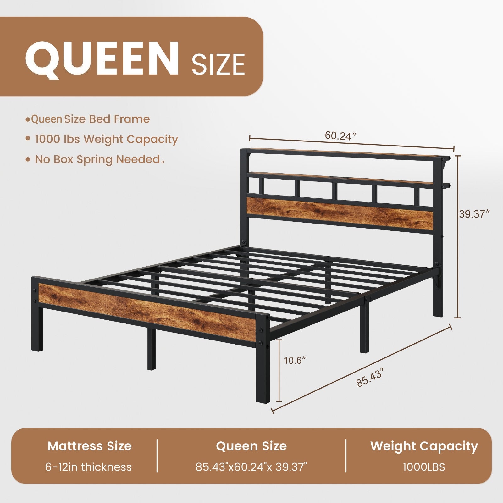 Bexfil Queen Bed Frame with Storage Headboard and LED Light, Metal Platform Bed Station with Charging Station & LED, Noise-Free, No Box Spring Needed