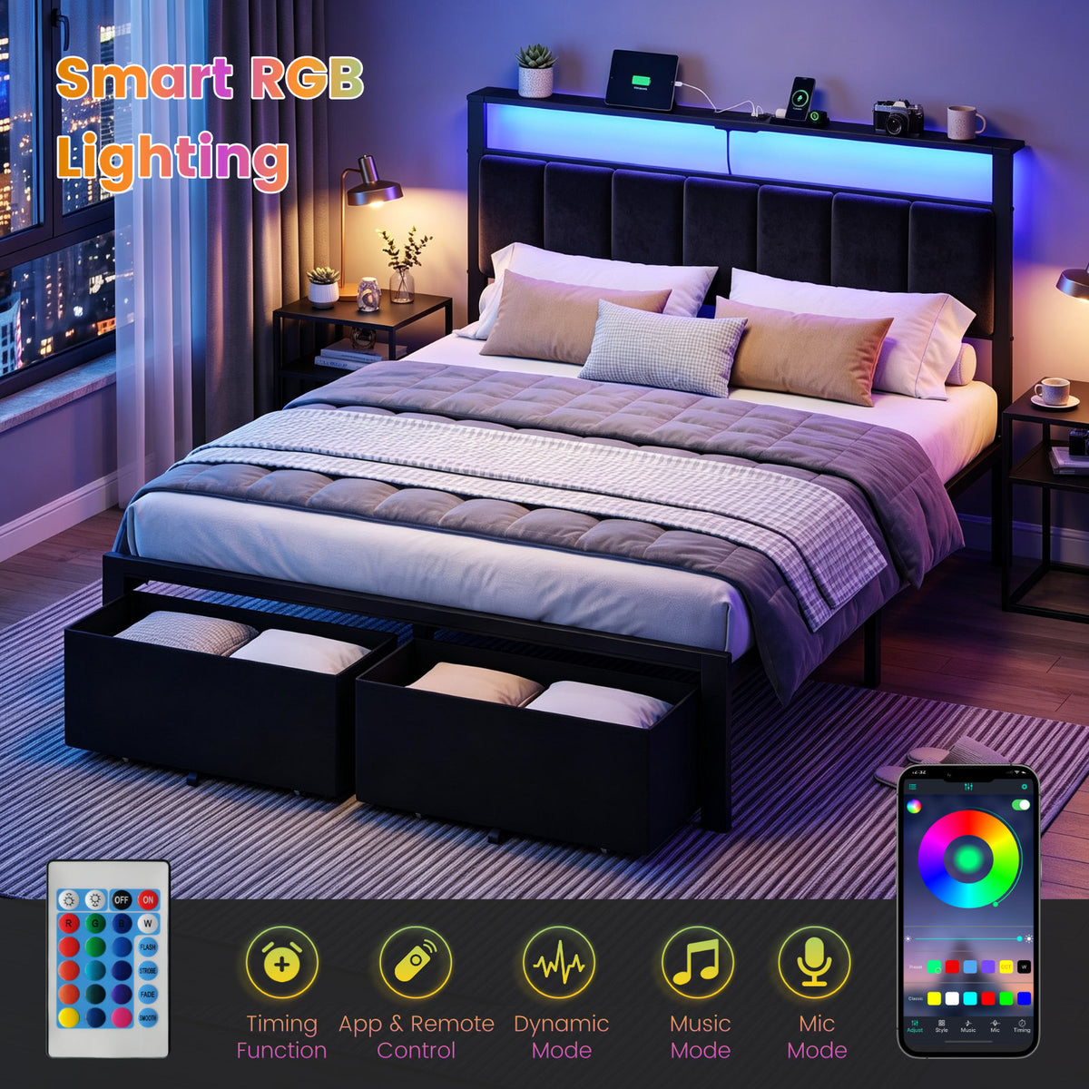Bexfil Queen Size Bed Frame with Built in Charging Station and LED Light, Metal Platform Bed Frames with 2 Storage Drawers, Noise-Free,Metal Support, No Box Spring Needed, Black