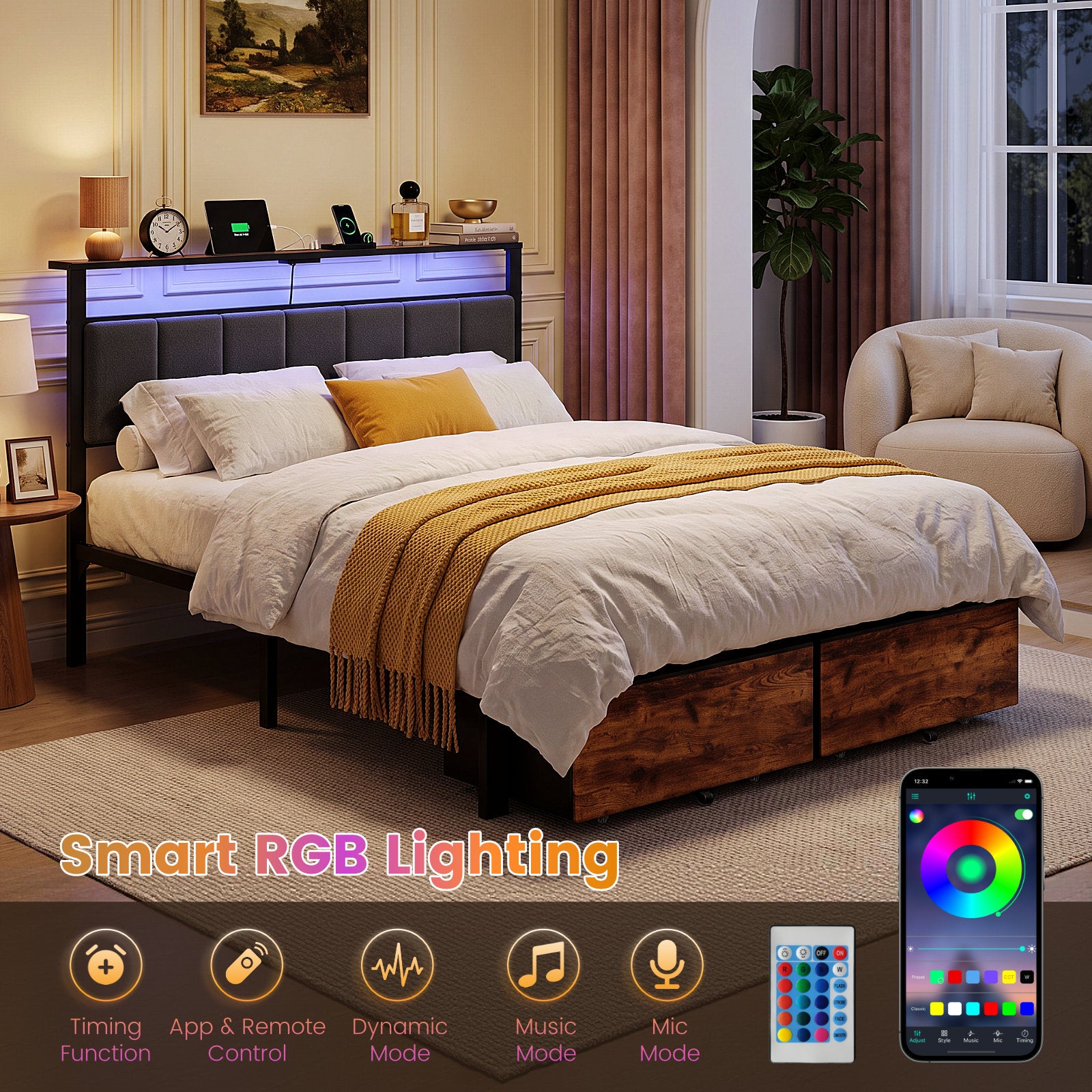 Dayago Queen Bed Frame with 2 Storage Drawers, Metal Platform Bed Frame Queen Size Upholstered Headboard with Storage, Fast Charging Station and LED Lights, No Box Spring Needed, Easy Assembly, Brown