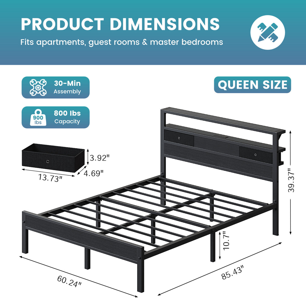 Kbun Queen Size Metal Platforrm Bed Frame with LED Lights Headboard, 2 Storage Drawers and Charging Station, No Box Spring Needed, Easy Assembly