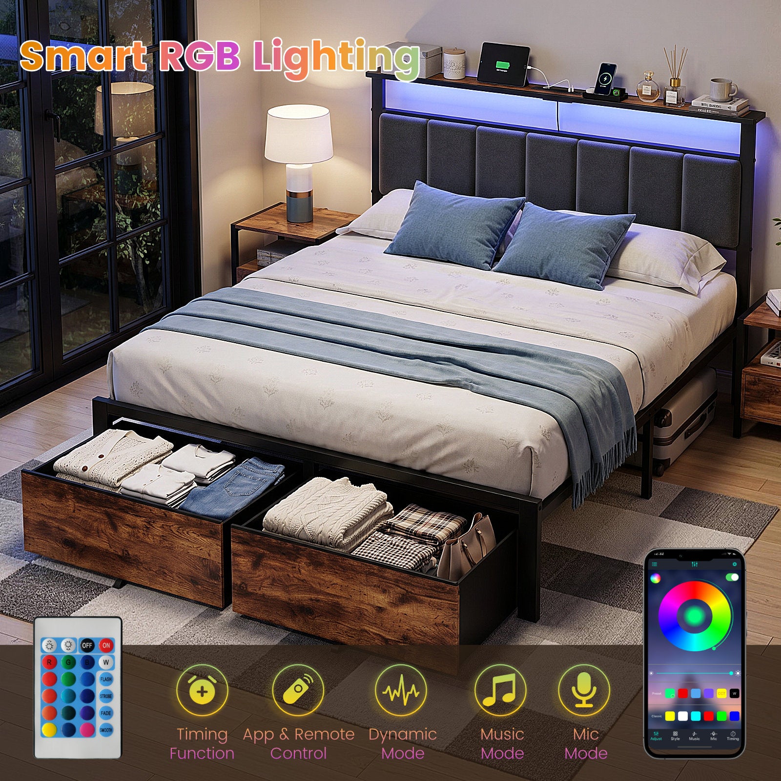 Bexfil Queen Bed Frame with 2 Storage Drawers, Metal Platform Bed Frames with Built in Charging Station & LED, Noise-Free, Metal Support, No Box Spring Needed, Classic Brown