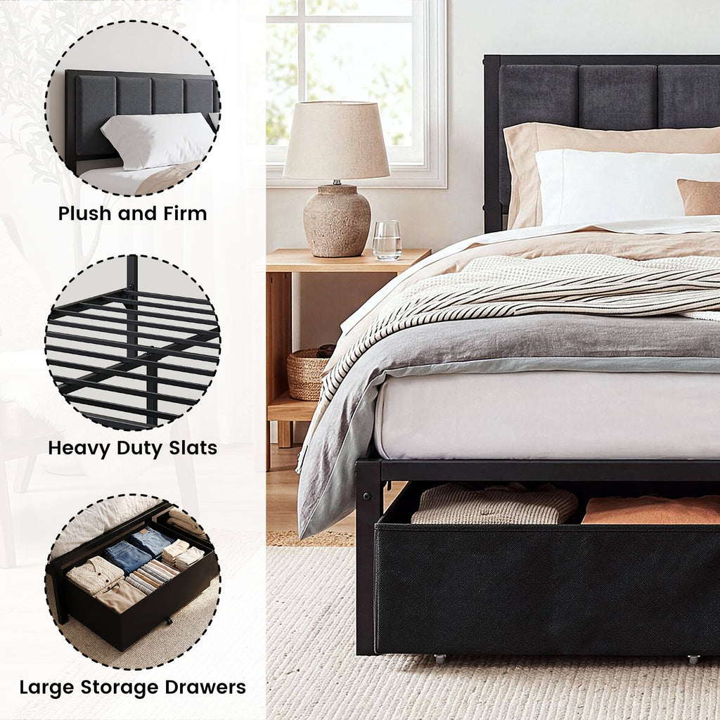 Bexfil Queen Bed Frame with 2 Storage Drawers, Grey Upholstered | Headboard with Charging Station and LED Lights, Metal Platform Bed with Storage Shelf, Noise Free, No Box Spring Needed