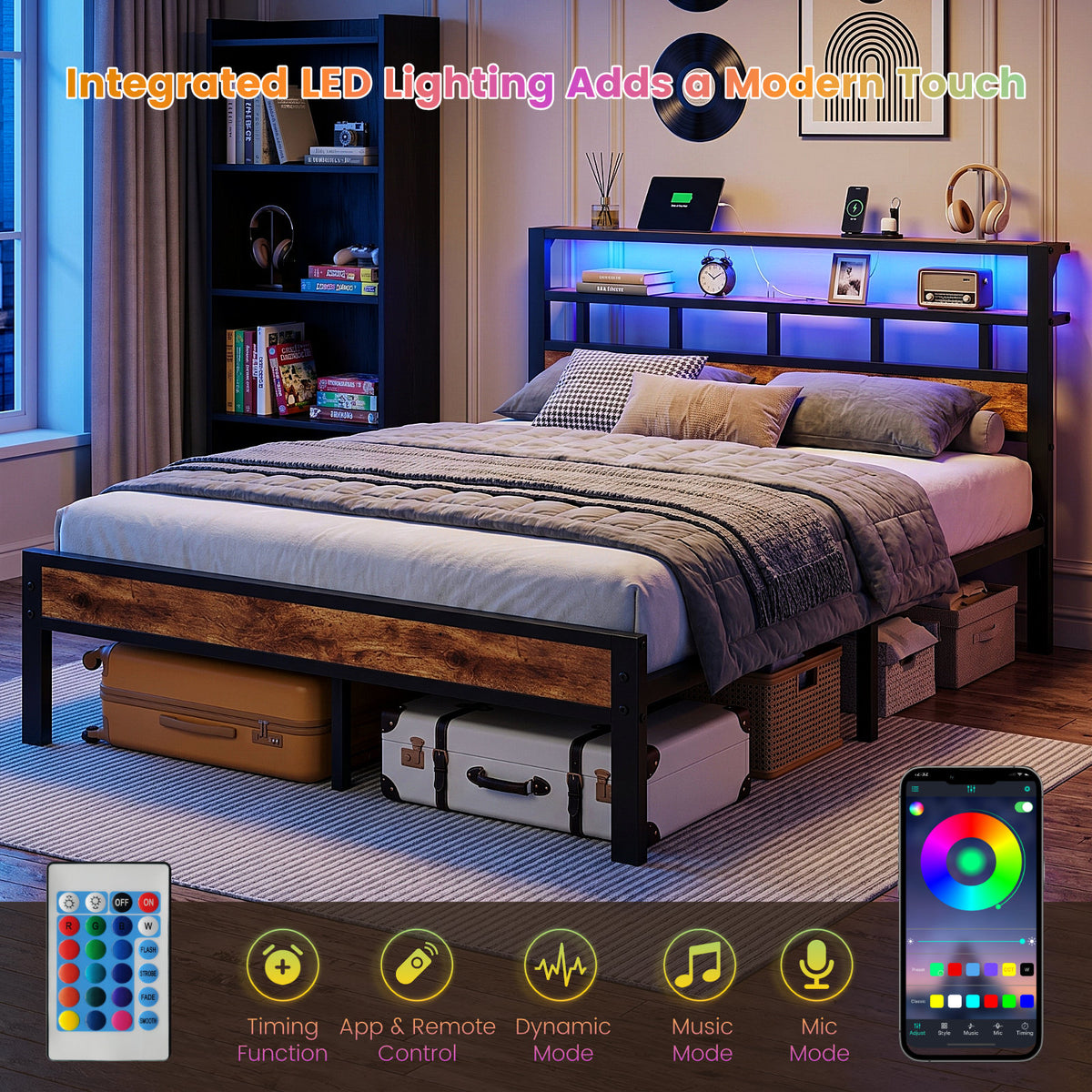 Bexfil Queen Bed Frame with Storage Headboard and LED Light, Metal Platform Bed Station with Charging Station & LED, Noise-Free, No Box Spring Needed
