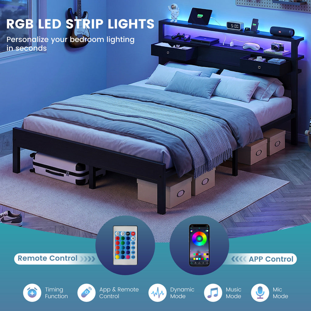 Kbun Queen Size Metal Platforrm Bed Frame with LED Lights Headboard, 2 Storage Drawers and Charging Station, No Box Spring Needed, Easy Assembly
