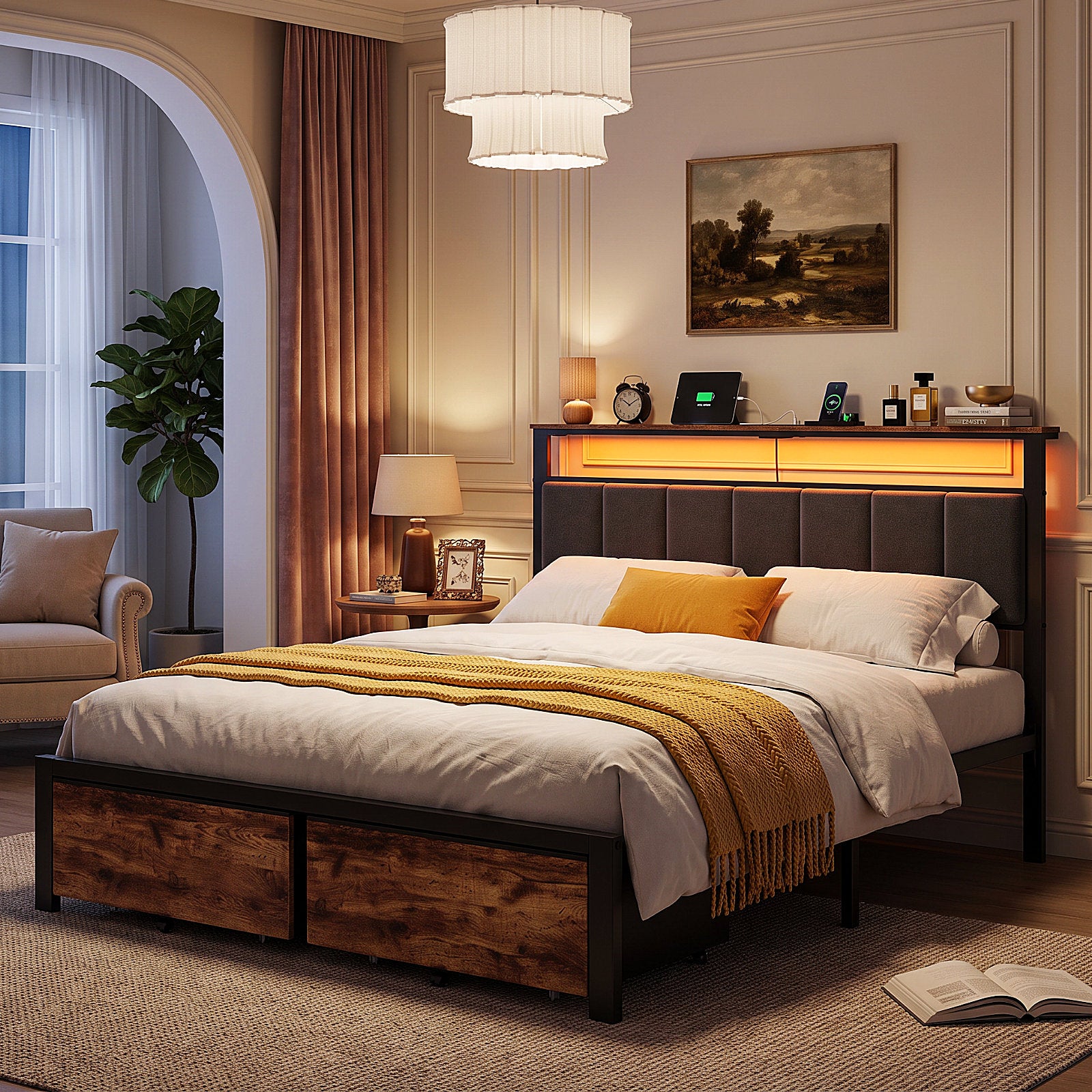 Dayago Queen Bed Frame with 2 Storage Drawers, Metal Platform Bed Frame Queen Size Upholstered Headboard with Storage, Fast Charging Station and LED Lights, No Box Spring Needed, Easy Assembly, Brown