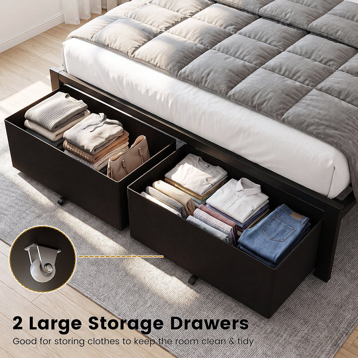 Bexfil Full Size Bed Frame with Built in Charging Station and LED Light, Metal Platform Bed Frames with 2 Storage Drawers, Noise-Free,Metal Support, No Box Spring Needed, Black