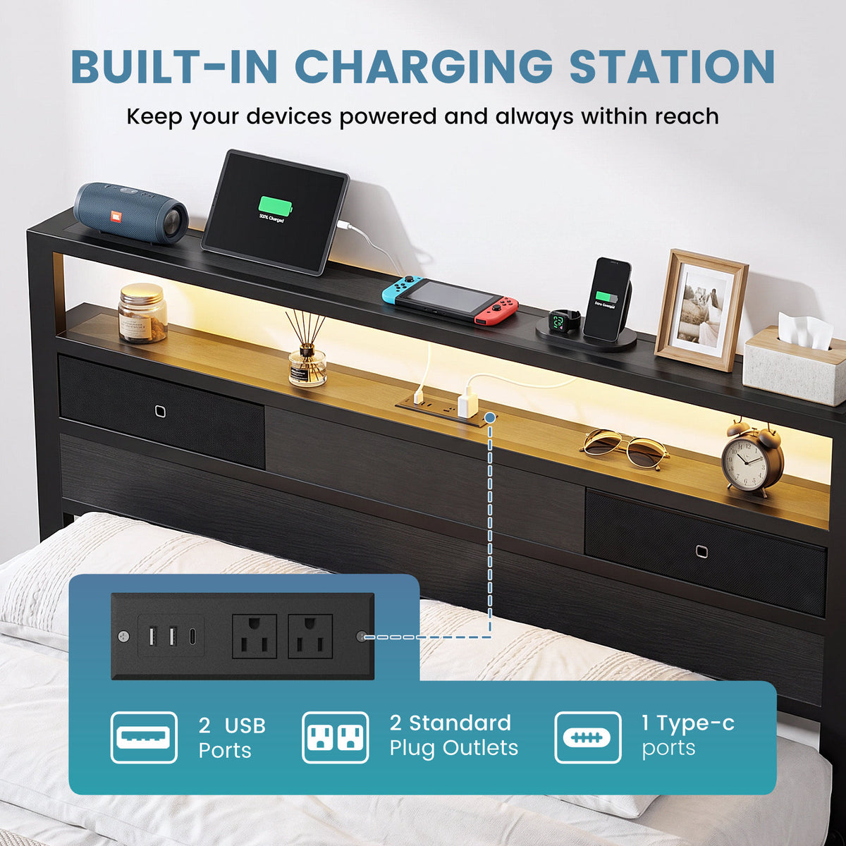 Kbun Full Size Metal Platforrm Bed Frame with LED Lights Headboard, 2 Storage Drawers and Charging Station, No Box Spring Needed, Easy Assembly