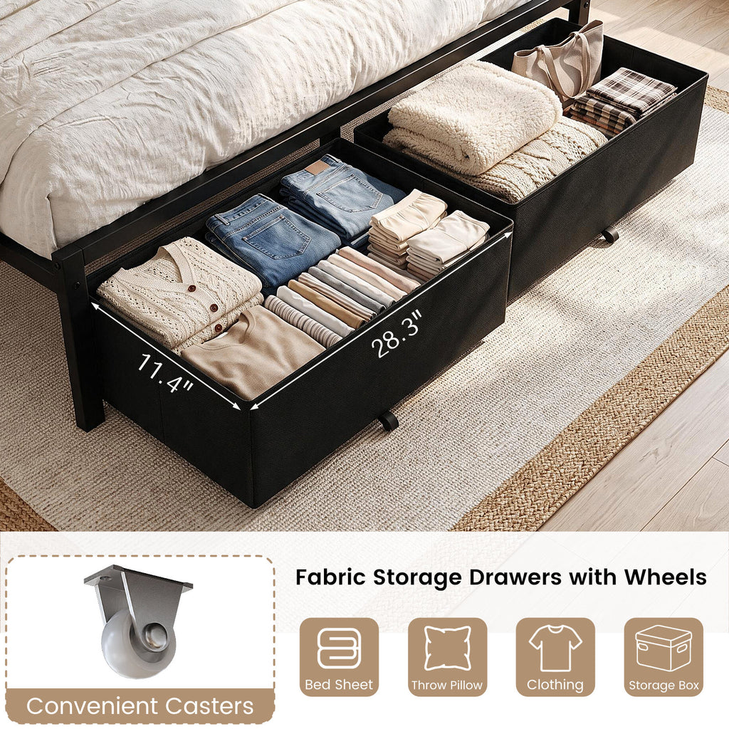 Bexfil Queen Bed Frame with 2 Storage Drawers, Grey Upholstered | Headboard with Charging Station and LED Lights, Metal Platform Bed with Storage Shelf, Noise Free, No Box Spring Needed