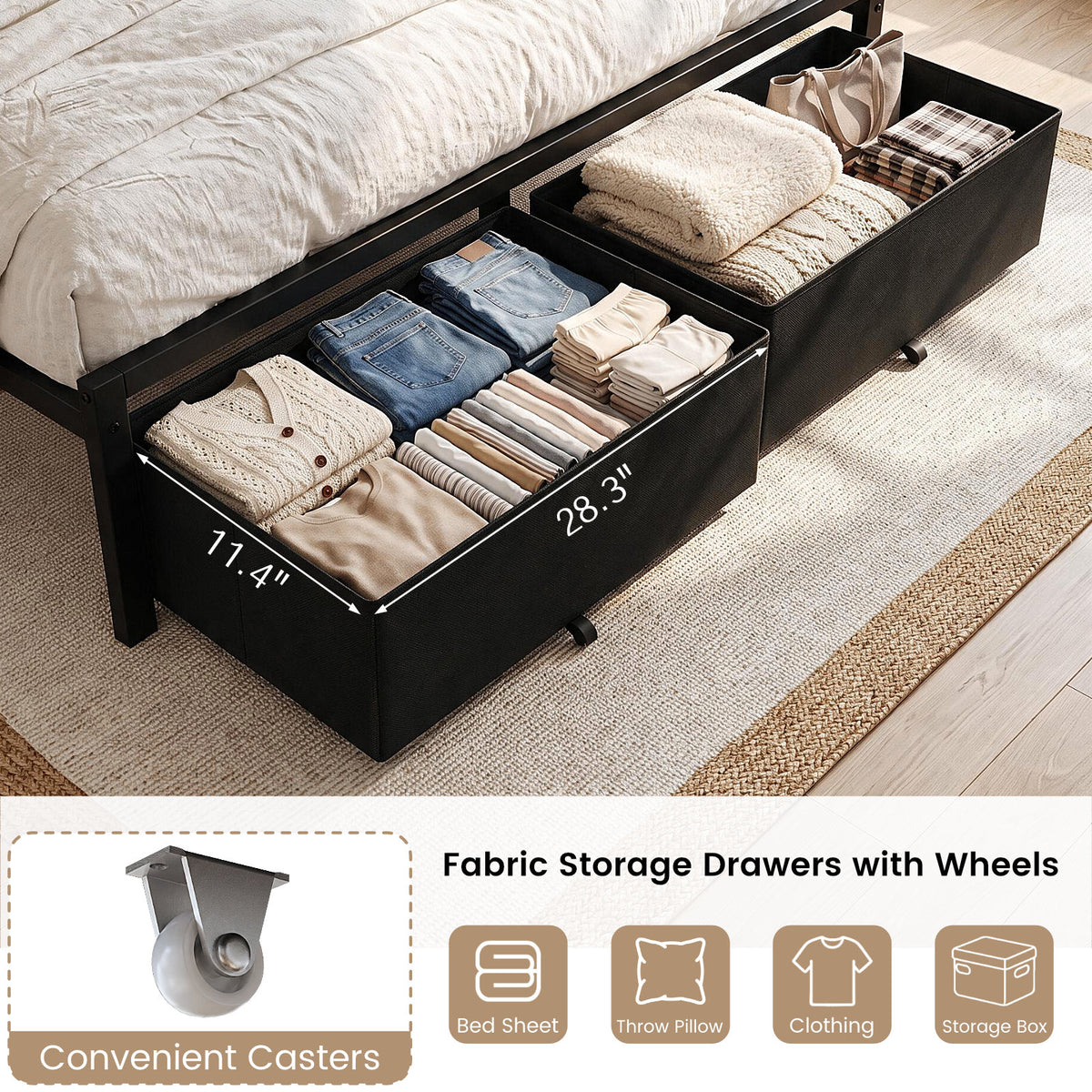 Bexfil Queen Bed Frame with 2 Storage Drawers, Grey Upholstered | Headboard with Charging Station and LED Lights, Metal Platform Bed with Storage Shelf, Noise Free, No Box Spring Needed